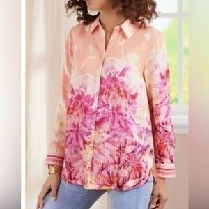 Soft Surroundings Altura Gauze Floral Button Up Shirt Tunic Striped XL